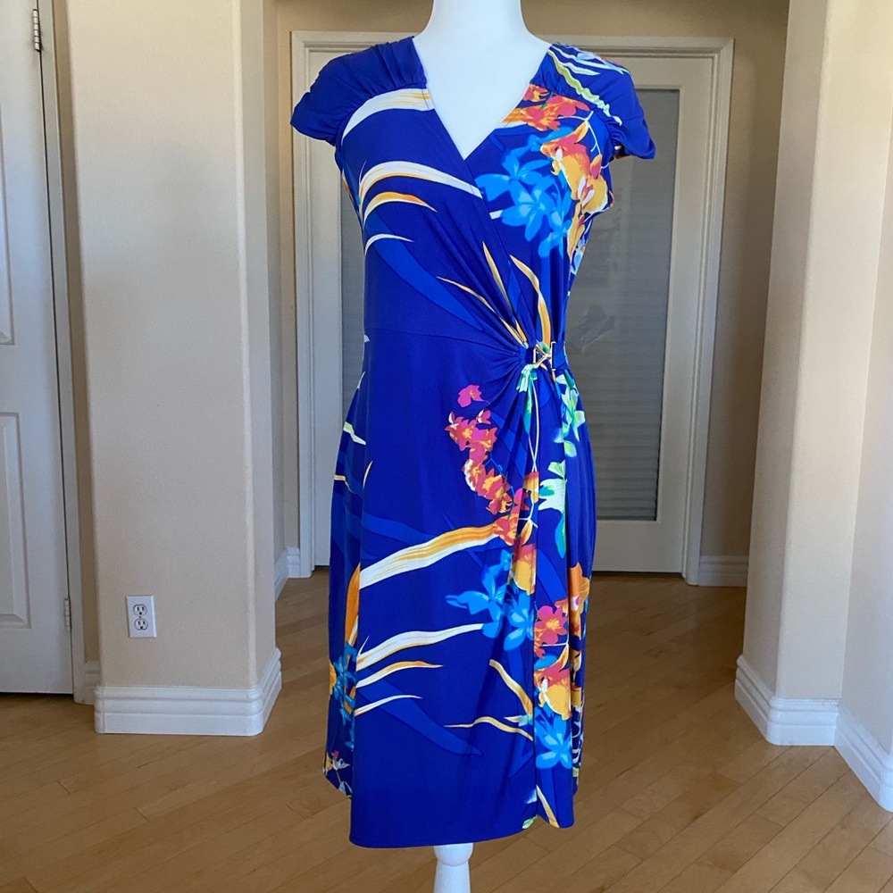 Alfani Asymmetrical Blue and Pink Wrap Around Dress Resort Wear Size Small
